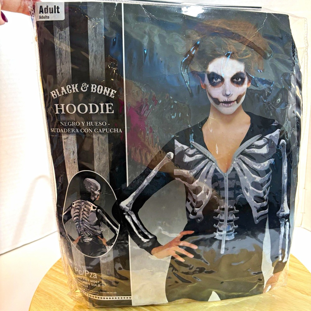Amscan Skeleton Halloween Costume Hooded Hoodie Black White Adult One Size